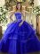 Exquisite Floor Length Royal Blue Ball Gown Prom Dress Tulle Sleeveless Beading and Ruffled Layers