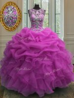Scoop Pick Ups Fuchsia Sleeveless Organza Lace Up Quinceanera Dress for Military Ball and Sweet 16 and Quinceanera