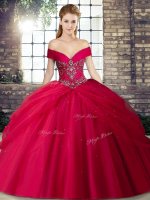 Graceful Red Off The Shoulder Lace Up Beading and Pick Ups Quince Ball Gowns Brush Train Sleeveless