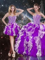 Sleeveless Floor Length Beading and Ruffles Lace Up Quince Ball Gowns with Multi-color