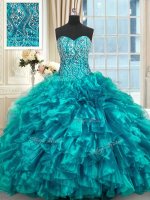 Fancy Teal Sleeveless Organza Brush Train Lace Up 15 Quinceanera Dress for Military Ball and Sweet 16 and Quinceanera