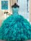 Fancy Teal Sleeveless Organza Brush Train Lace Up 15 Quinceanera Dress for Military Ball and Sweet 16 and Quinceanera