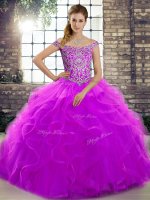 Deluxe Sleeveless Brush Train Lace Up Beading and Ruffles Sweet 16 Dresses