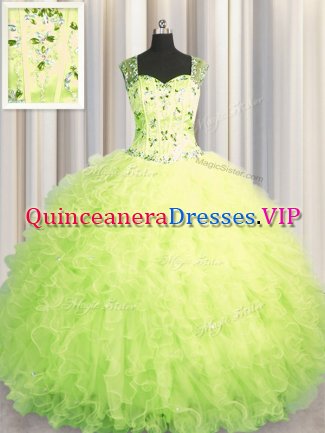 See Through Zipper Up Yellow Green Sleeveless Beading and Ruffles Floor Length 15 Quinceanera Dress