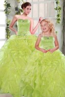 Flare Sleeveless Floor Length Beading and Ruffles Lace Up Sweet 16 Dresses with Yellow Green