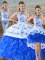Attractive Blue And White Three Pieces Organza Halter Top Sleeveless Embroidery and Ruffles Floor Length Lace Up Quinceanera Dress Court Train