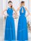 Halter Top Baby Blue Sleeveless Floor Length Ruching Zipper Quinceanera Dama Dress