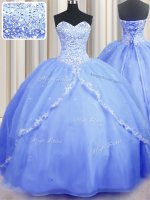 Baby Blue Ball Gowns Organza Sweetheart Sleeveless Beading and Appliques With Train Lace Up Teens Party Dress Brush Train(SKU PSSW0588-4BIZ)