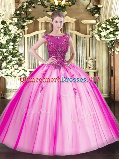 Fantastic Fuchsia Tulle Lace Up Ball Gown Prom Dress Cap Sleeves Floor Length Beading and Appliques - Click Image to Close