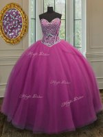 Customized Sleeveless Tulle Floor Length Lace Up Quince Ball Gowns in Lilac with Beading