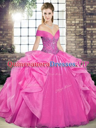 Top Selling Rose Pink Sleeveless Floor Length Beading and Ruffles Lace Up Ball Gown Prom Dress
