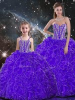 Exceptional Sweetheart Sleeveless Quince Ball Gowns Floor Length Beading and Ruffles Purple Organza