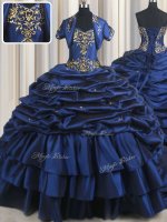 Exquisite Sweetheart Sleeveless Quinceanera Gowns With Train Court Train Embroidery and Pick Ups Navy Blue Taffeta