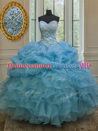Sleeveless Floor Length Beading and Ruffles and Pick Ups Lace Up Sweet 16 Dress with Baby Blue