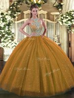 Low Price Floor Length Lace Up Quinceanera Dress Brown for Military Ball and Sweet 16 and Quinceanera with Beading