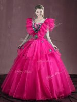 Hot Pink Organza Lace Up Sweet 16 Quinceanera Dress Sleeveless Floor Length Appliques and Ruffles