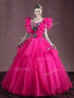 Hot Pink Organza Lace Up Sweet 16 Quinceanera Dress Sleeveless Floor Length Appliques and Ruffles(SKU YCQD0156-3BIZ)