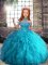 Enchanting Aqua Blue Ball Gowns Tulle Halter Top Sleeveless Beading and Ruffles Floor Length Lace Up Little Girls Pageant Dress Wholesale