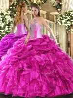 Fancy Hot Pink Organza Lace Up Sweetheart Sleeveless Floor Length Sweet 16 Dress Beading and Ruffles and Pick Ups