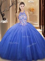 Stunning Blue Lace Up Sweet 16 Dress Lace and Appliques Sleeveless Floor Length