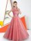 Sleeveless Floor Length Beading and Lace Backless Quinceanera Court of Honor Dress with Watermelon Red