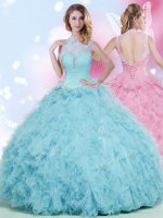 Floor Length Lace Up Sweet 16 Dresses Baby Blue for Military Ball and Sweet 16 and Quinceanera with Beading and Ruffles
