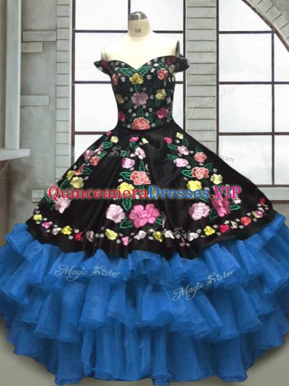 Embroidery and Ruffled Layers Quince Ball Gowns Blue And Black Lace Up Sleeveless Floor Length - Click Image to Close