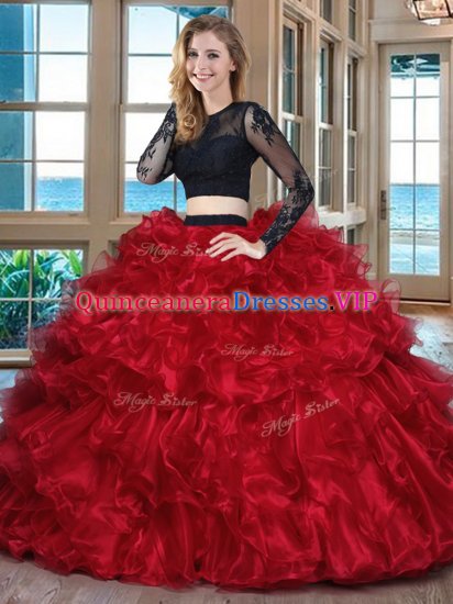 Custom Fit Black and Red Organza Backless Scoop Long Sleeves Floor Length Quinceanera Dress Ruffles - Click Image to Close