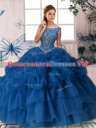 Decent Ball Gowns Sleeveless Royal Blue 15 Quinceanera Dress Brush Train Zipper
