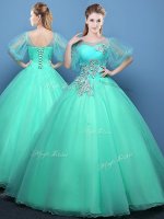 Fantastic Scoop Appliques Quinceanera Gown Turquoise Lace Up Half Sleeves Floor Length