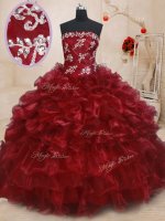 Burgundy Ball Gowns Beading and Ruffles and Ruffled Layers Quinceanera Gown Lace Up Organza Sleeveless Floor Length