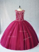 Burgundy Ball Gowns Tulle Scoop Sleeveless Beading Floor Length Lace Up Quinceanera Dress