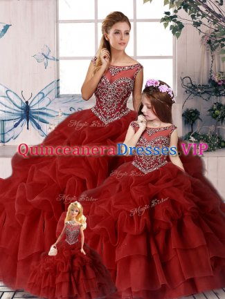Custom Design Wine Red Sleeveless Beading and Pick Ups Zipper Quinceanera Dresses