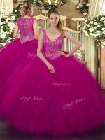 Captivating Floor Length Fuchsia Quinceanera Gowns V-neck Sleeveless Zipper