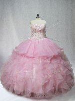 New Arrival Pink Mermaid Beading and Ruffles Quinceanera Dresses Lace Up Organza Sleeveless Floor Length