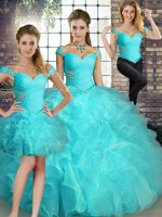 Floor Length Aqua Blue Ball Gown Prom Dress Organza Sleeveless Beading and Ruffles