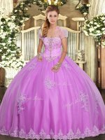 Strapless Sleeveless Tulle Quinceanera Gowns Appliques Lace Up