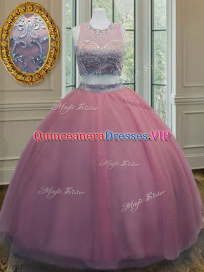 Pink Two Pieces Scoop Sleeveless Tulle Floor Length Zipper Ruffled Layers and Sashes ribbons Sweet 16 Dress - Click Image to Close
