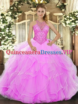 Sleeveless Organza Floor Length Lace Up Sweet 16 Quinceanera Dress in Rose Pink with Beading and Ruffles