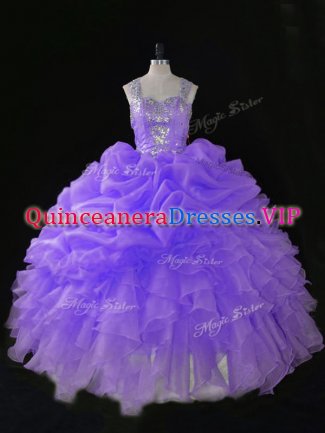 Lavender Ball Gowns Organza Straps Sleeveless Beading and Ruffles and Pick Ups Floor Length Zipper Quinceanera Gowns