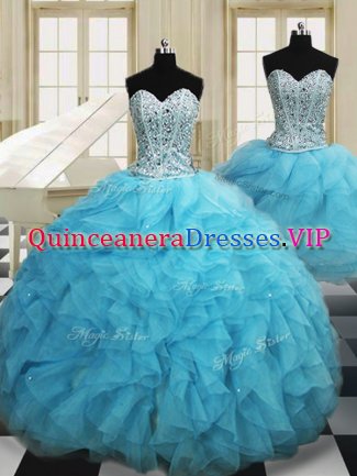 Beautiful Three Piece Baby Blue Sleeveless Beading and Ruffles Floor Length Sweet 16 Quinceanera Dress