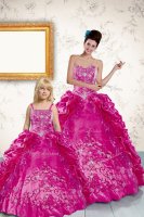 New Style Fuchsia Taffeta Lace Up Strapless Sleeveless Floor Length 15 Quinceanera Dress Beading and Appliques and Pick Ups