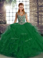 Unique Green Straps Neckline Beading and Ruffles Quinceanera Dress Sleeveless Lace Up