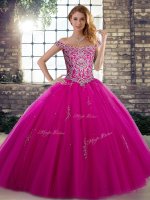 Artistic Fuchsia Tulle Lace Up Off The Shoulder Sleeveless Floor Length Quinceanera Gown Beading(SKU SJQDDT2104002-2BIZ)