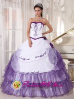 Custer South Dakota/SD White and Purple Sweetheart Satin and Organza Embroidery floral decorate Cheap Ball Gown Quinceanera Dress For