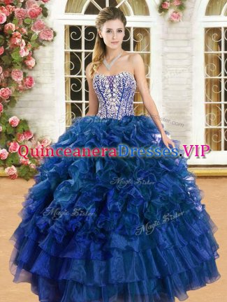 Best Selling Sleeveless Organza Floor Length Lace Up 15th Birthday Dress in Royal Blue with Beading and Ruffles and Ruffled Layers