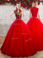 Fabulous Red High-neck Neckline Appliques Vestidos de Quinceanera Short Sleeves Lace Up