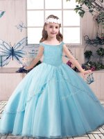 Super Ball Gowns Little Girls Pageant Gowns Blue Off The Shoulder Tulle Sleeveless Floor Length Lace Up