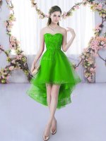 Green A-line Lace Court Dresses for Sweet 16 Lace Up Tulle Sleeveless High Low
