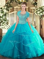 Floor Length Aqua Blue Quince Ball Gowns Tulle Sleeveless Beading and Ruffled Layers